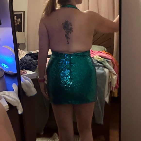Sparkling Teal Halter Mini Dress - Picture 7 of 9